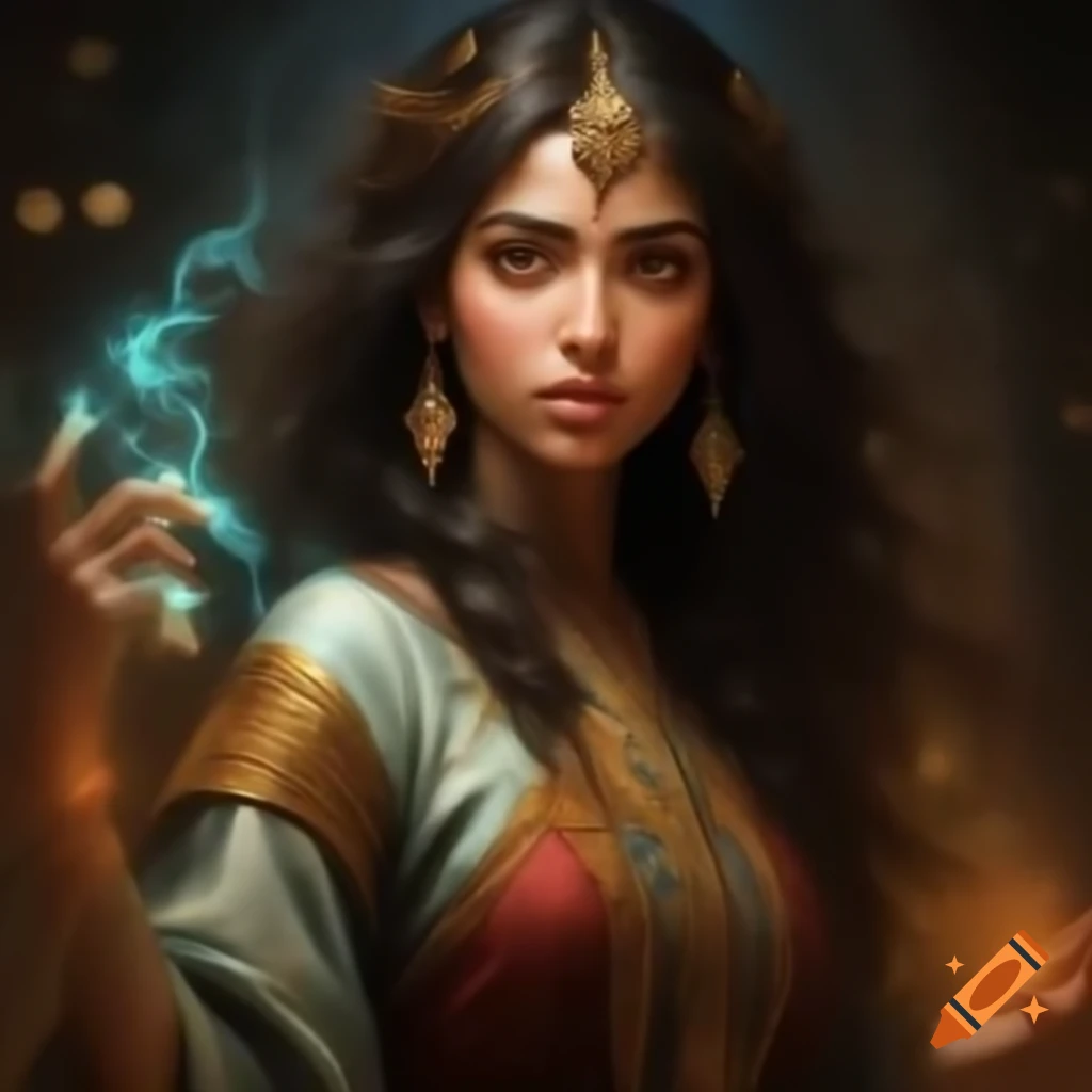 Realistic portrait of a young Persian woman with magical powers in ornate robes