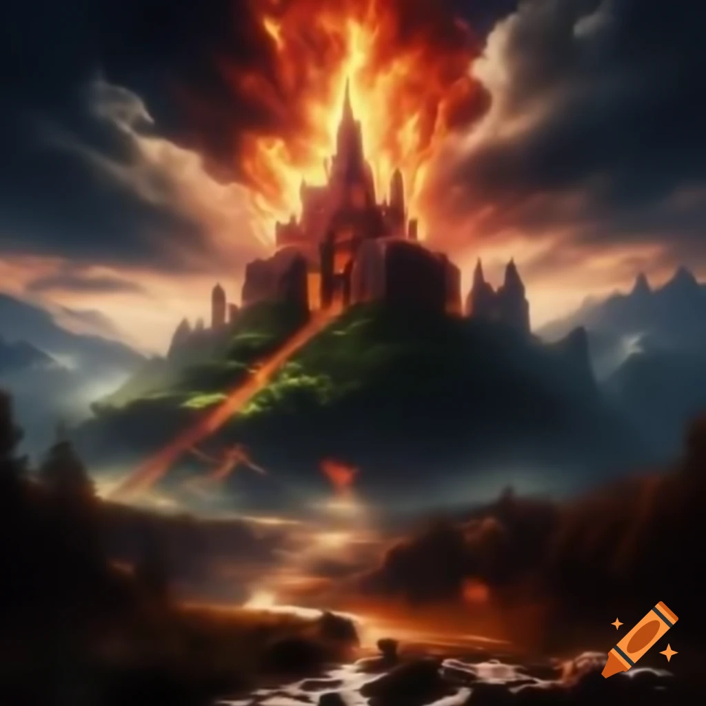 Distant view of a castle engulfed in flames