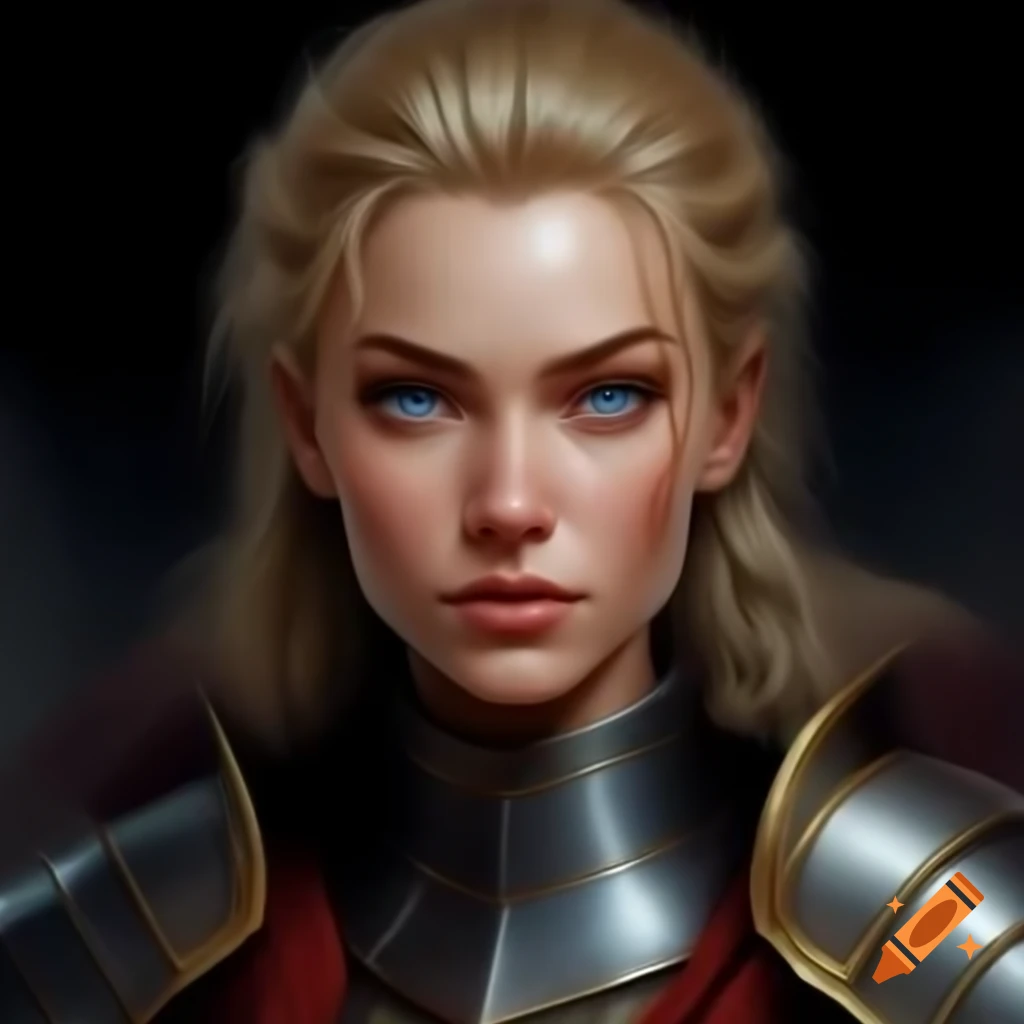 Female noble general in plate armor with cape, hyper-realistic depiction