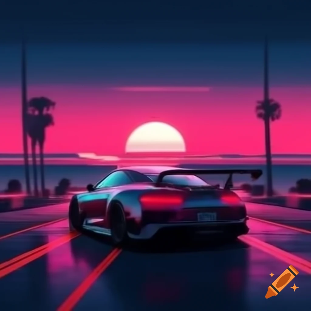 Synthwave sunset with red sports car along the seaside