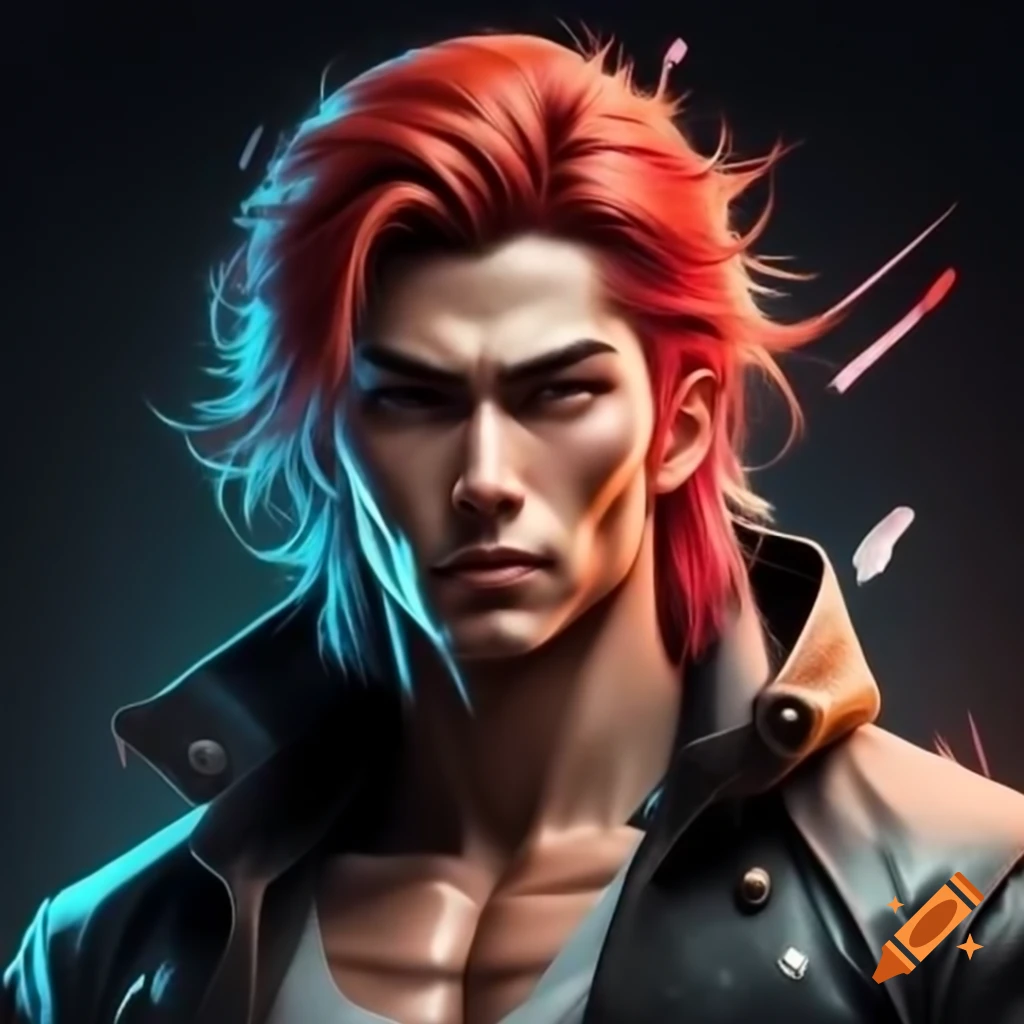 Large athletic man in futuristic coat with messy red hair and smirk