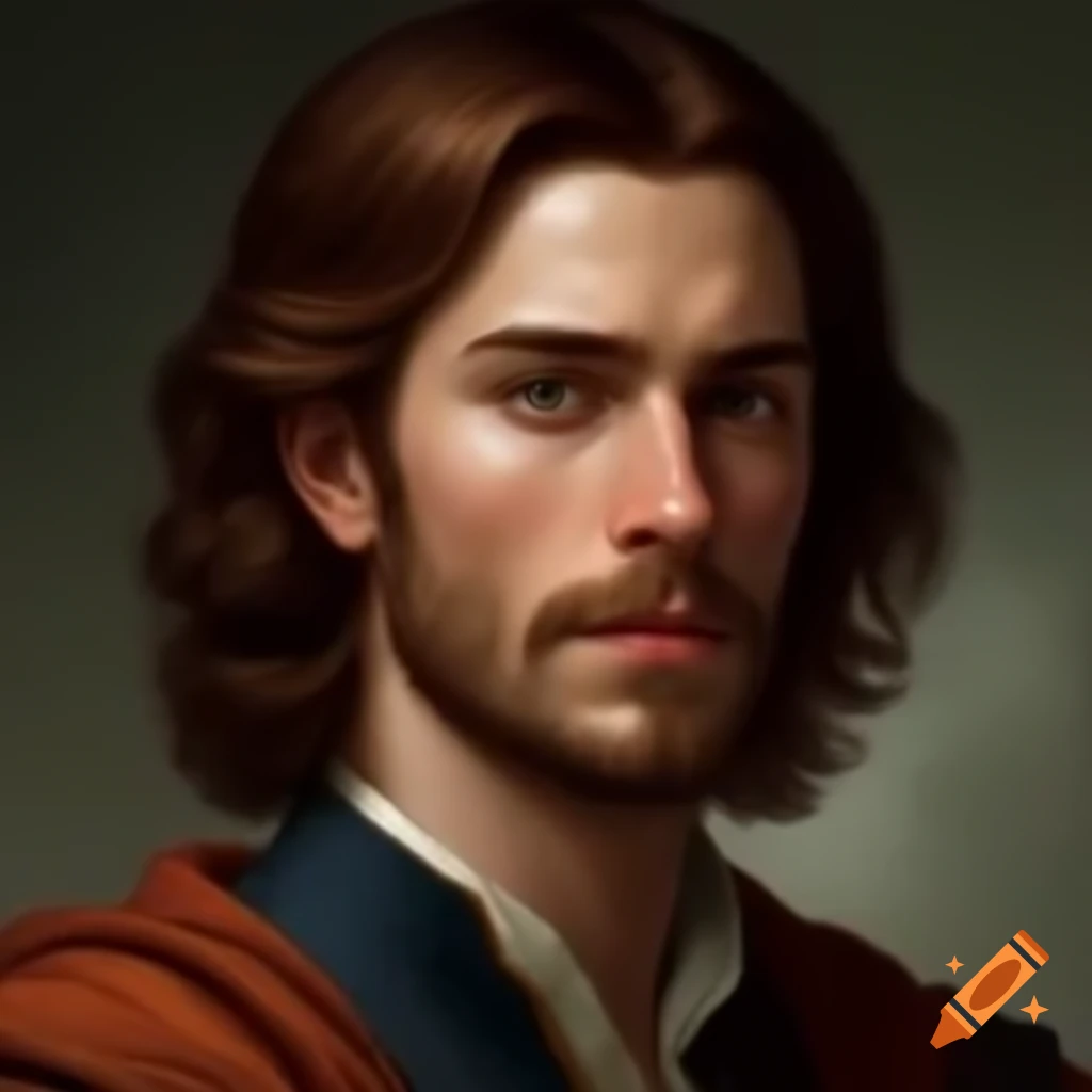 Renaissance nobleman with brown hair and eyes in colorful clothes