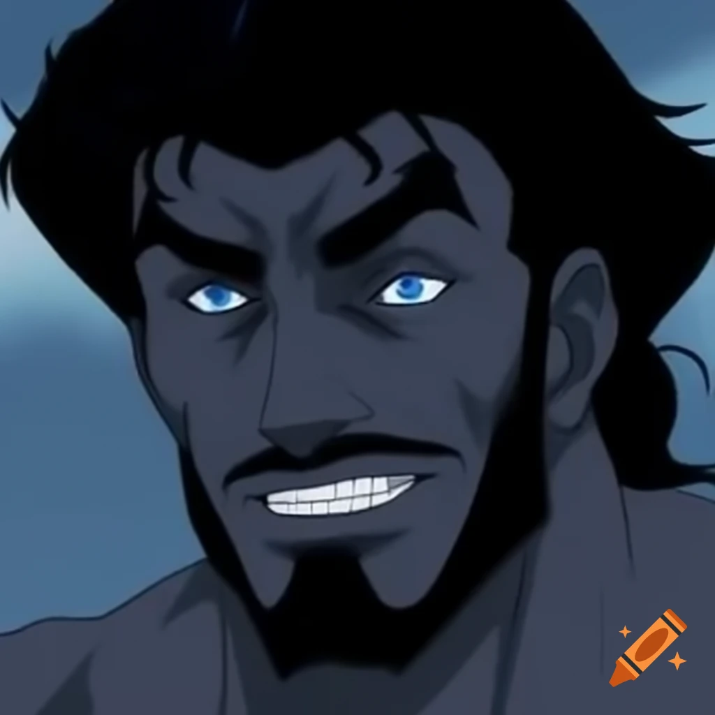 Original character with dark skin, blue eyes, and beard in cinematic comic anime style