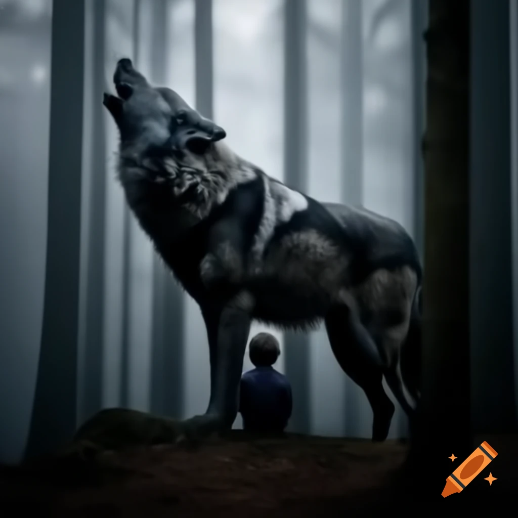 Boy facing large black wolf in foggy dark forest
