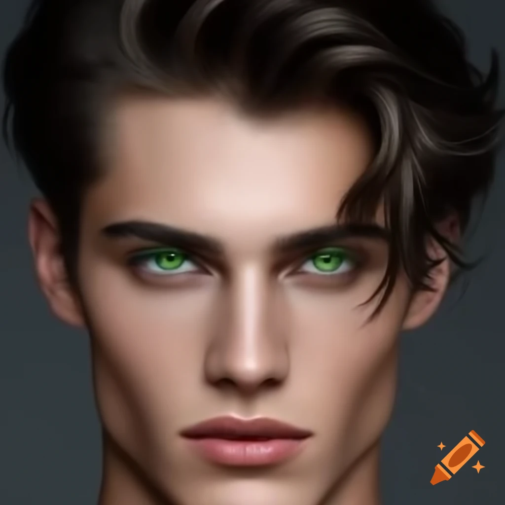 Handsome male fashion model with dark blonde wavy hair and green eyes