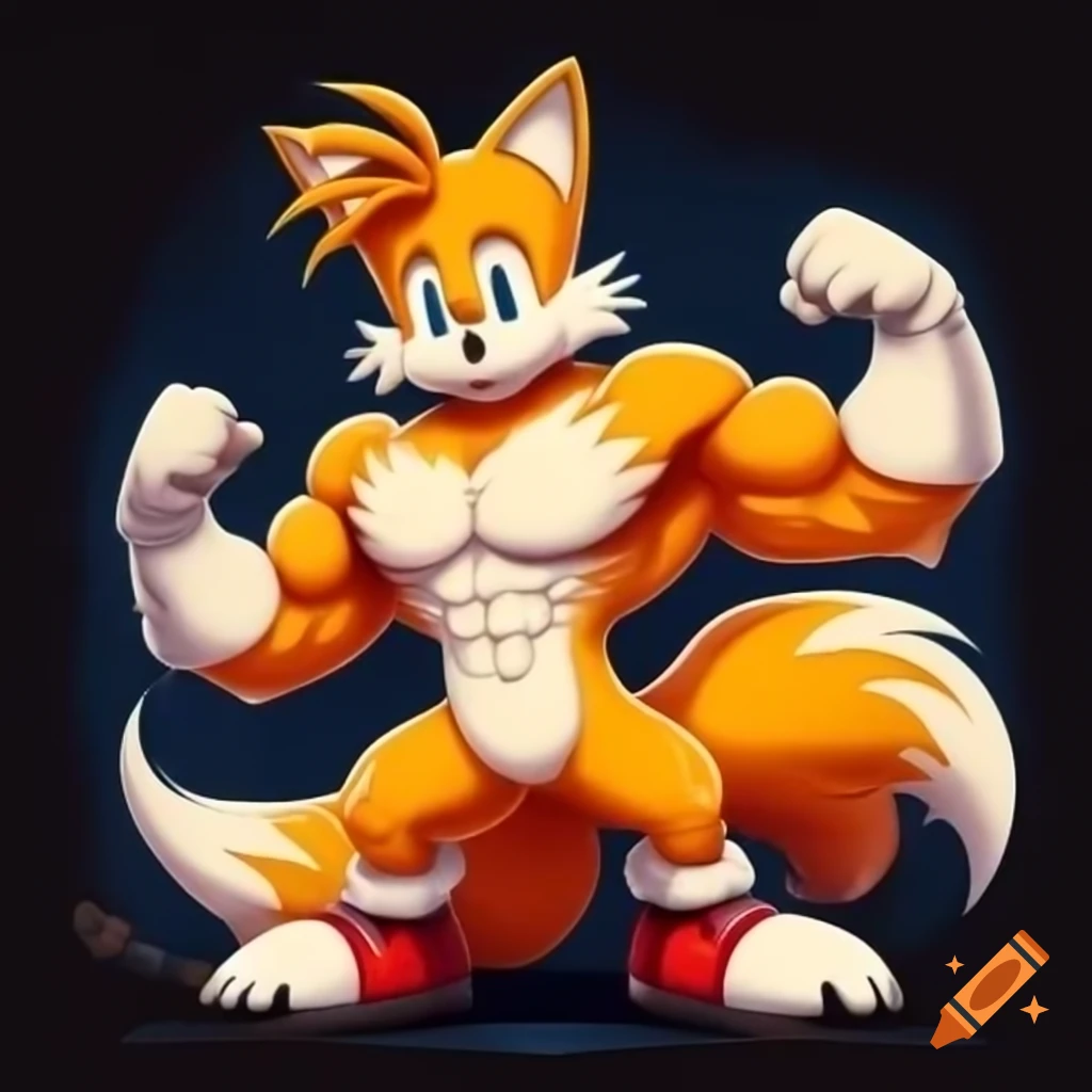 Furry art of Miles 'Tails' Prower flexing exaggerated bodybuilder muscles in full-length portrait