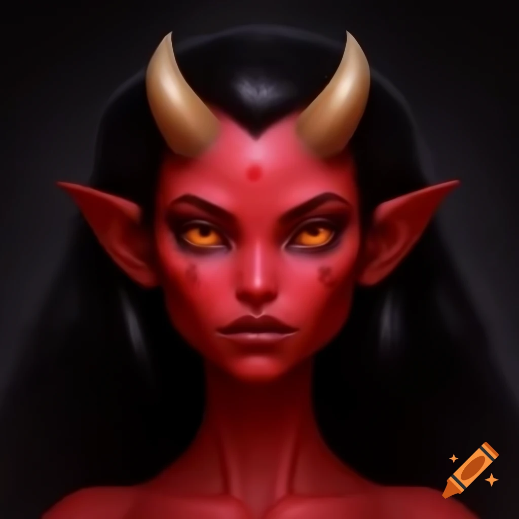 Concept art of a demon with red skin, black eyes, and brown horns