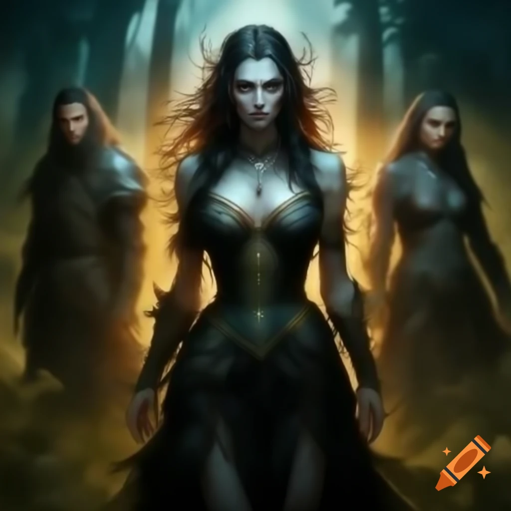 Fantasy scene with four characters in a celestial garden with radiant light