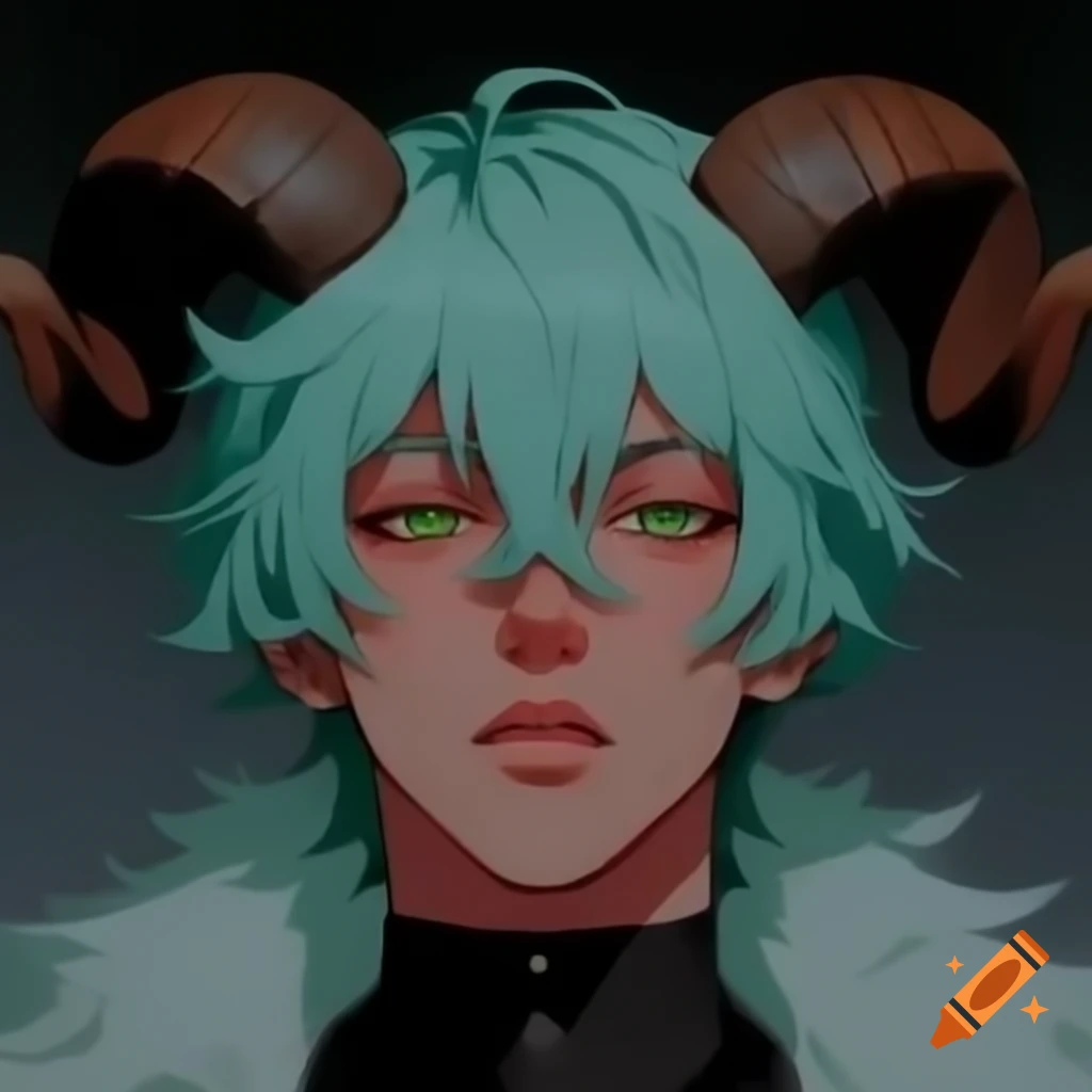Anime man with ram horns and mint colored hair, serious expression
