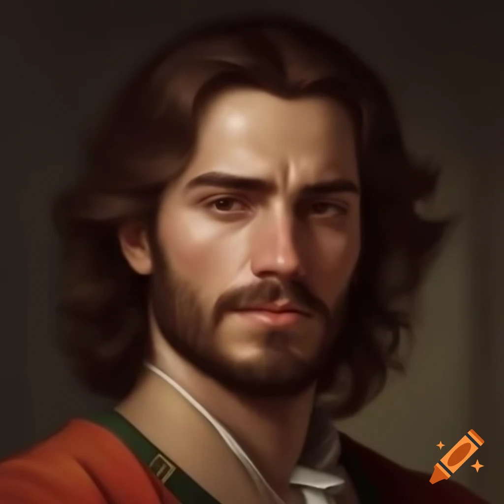 Renaissance noble man with brown hair and eyes in colorful clothing