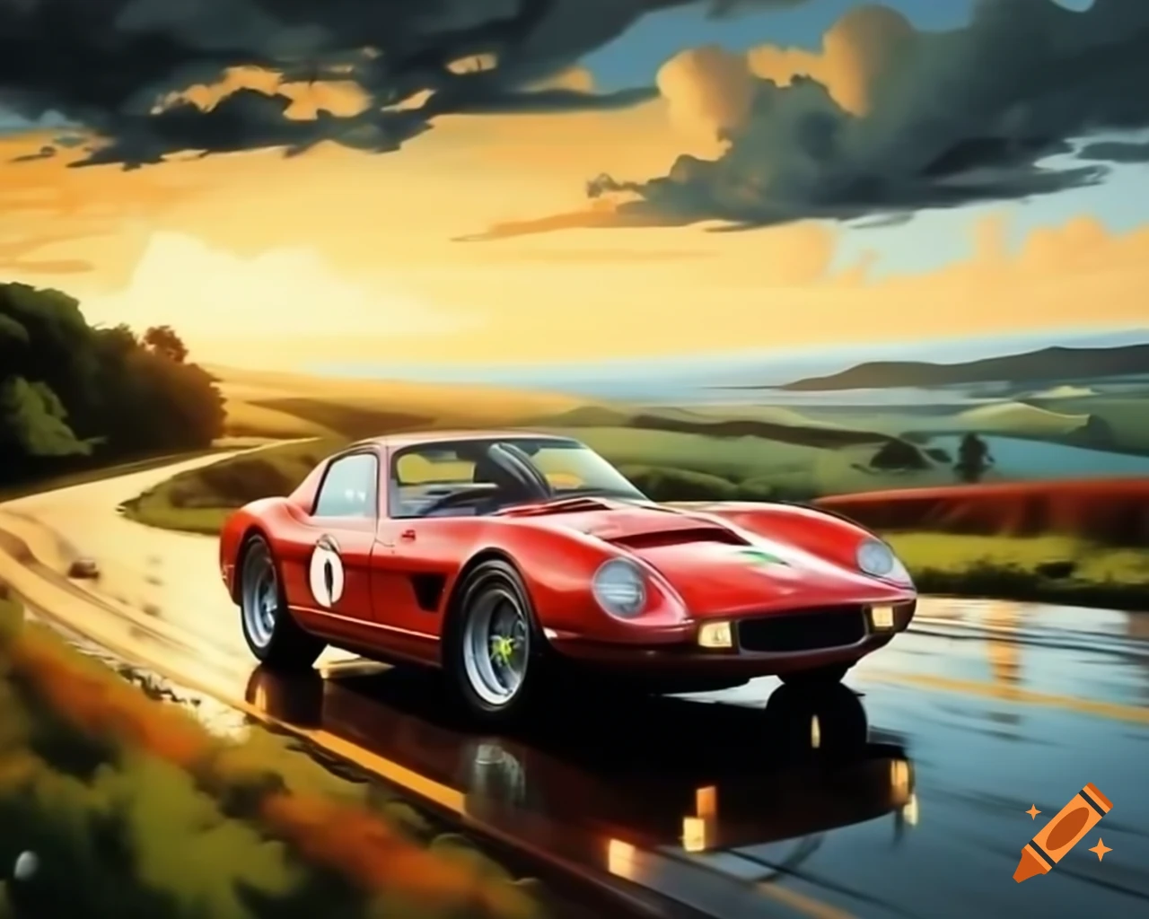 Vintage Ferrari racing in pouring rain on winding road at sundown, detailed illustration