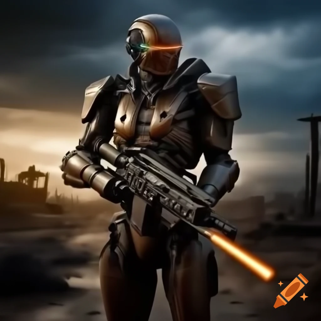 Cyborg warrior in armor with laser rifle in post-apocalyptic wasteland