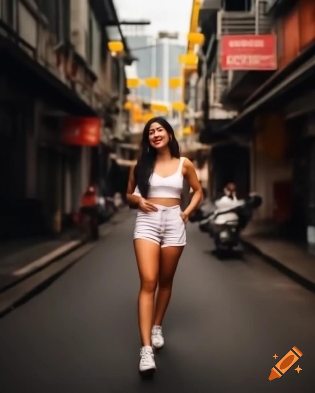 Cheerful Malay woman in tank tops and shorts walking in Kuala Lumpur street
