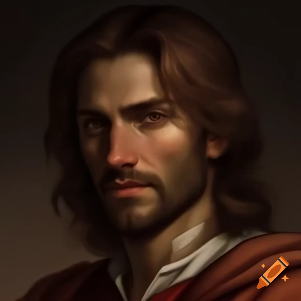 Renaissance nobleman with brown hair and eyes in colorful robes