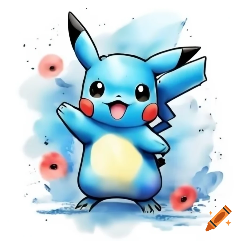 Watercolor artwork of Pikablu, a blue water-type Pokemon, on white background