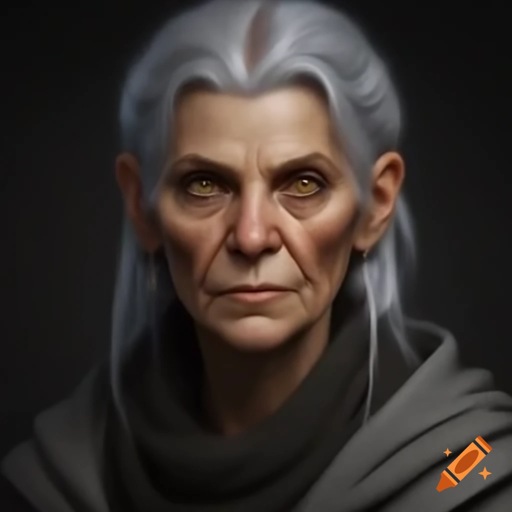 Highly detailed female Dwarf servant with silver hair and amber eyes in modest garments