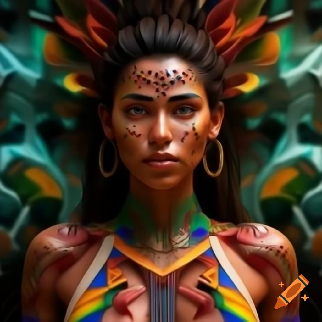 3D render of tribal woman in vibrant colors against fractal environment