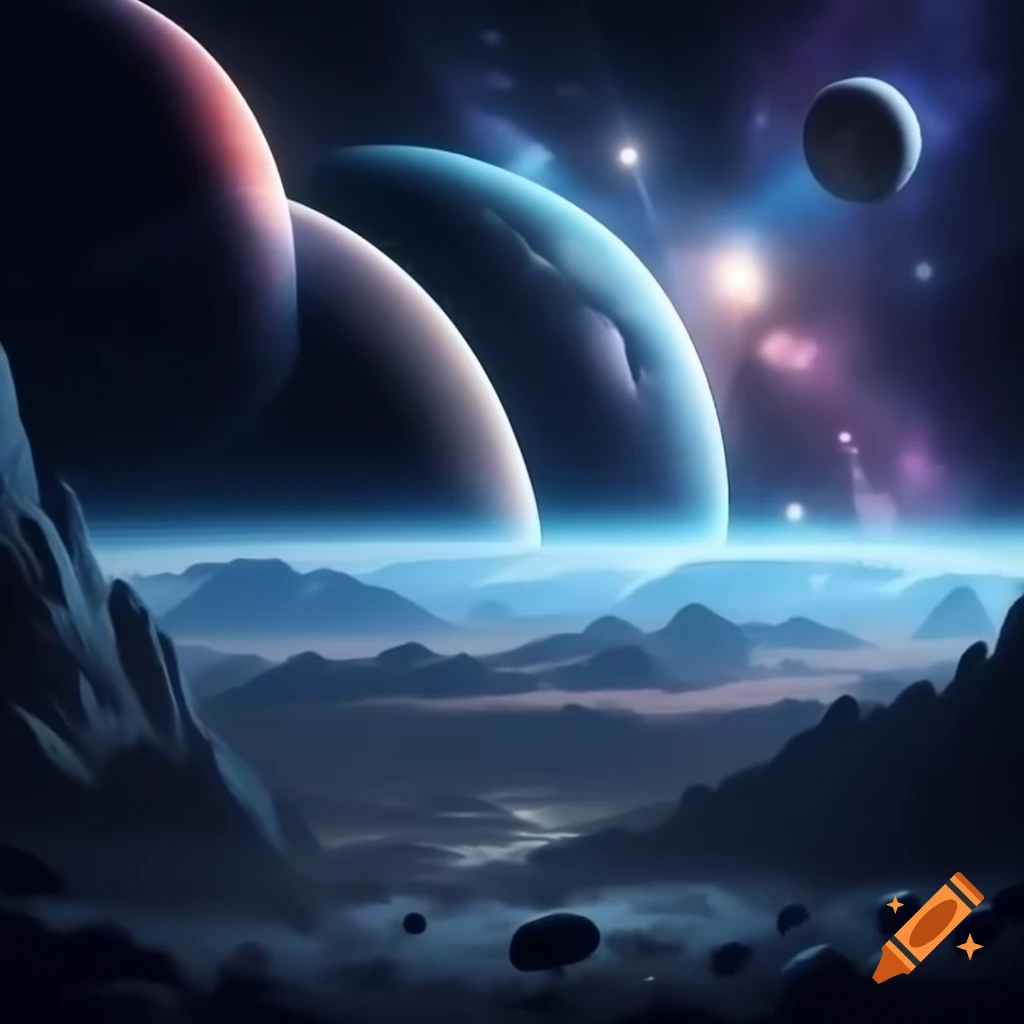 Majestic cosmic landscape with bright stars, galaxies, and planets illuminated by distant star