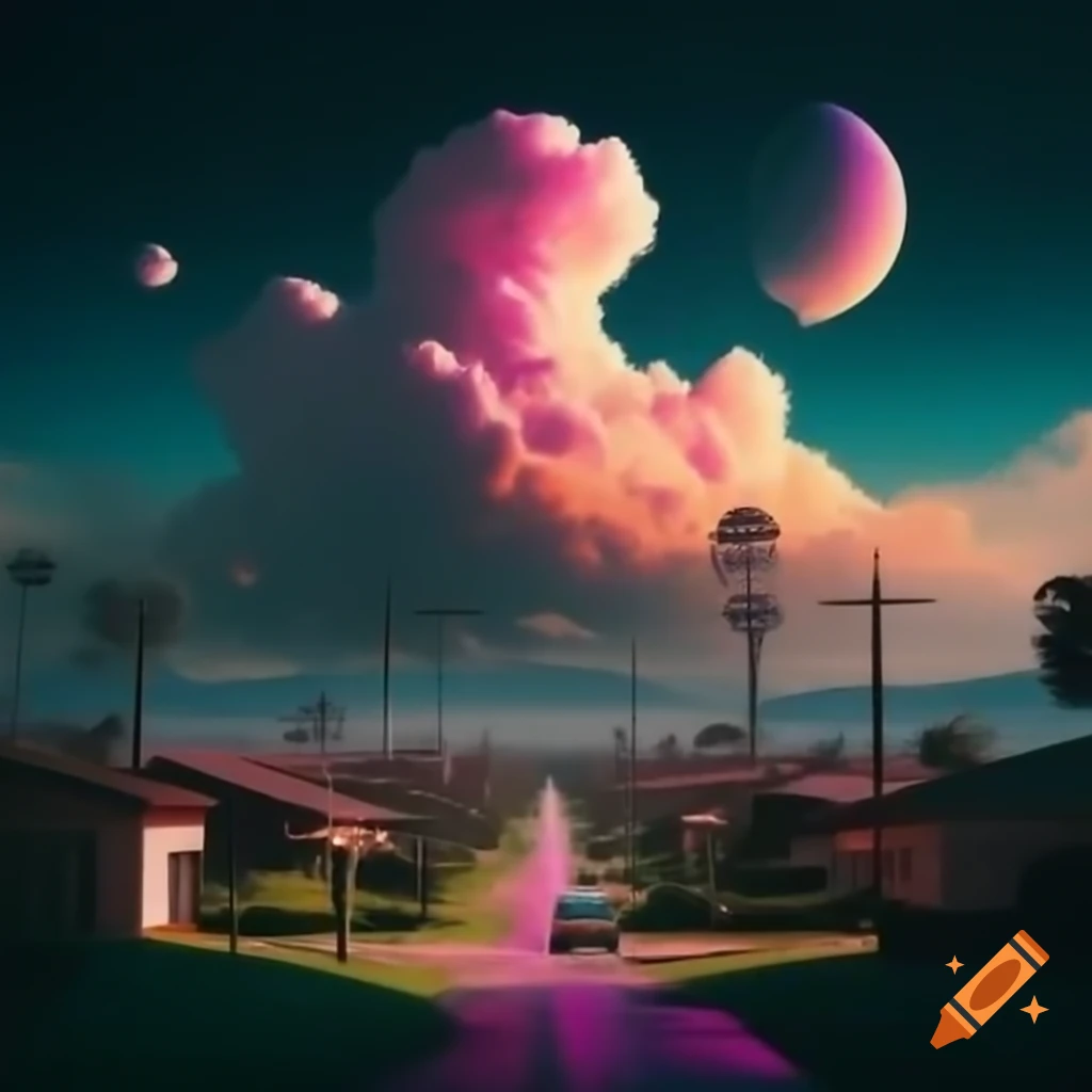 1960s suburb featuring large neon clouds and exotic moons