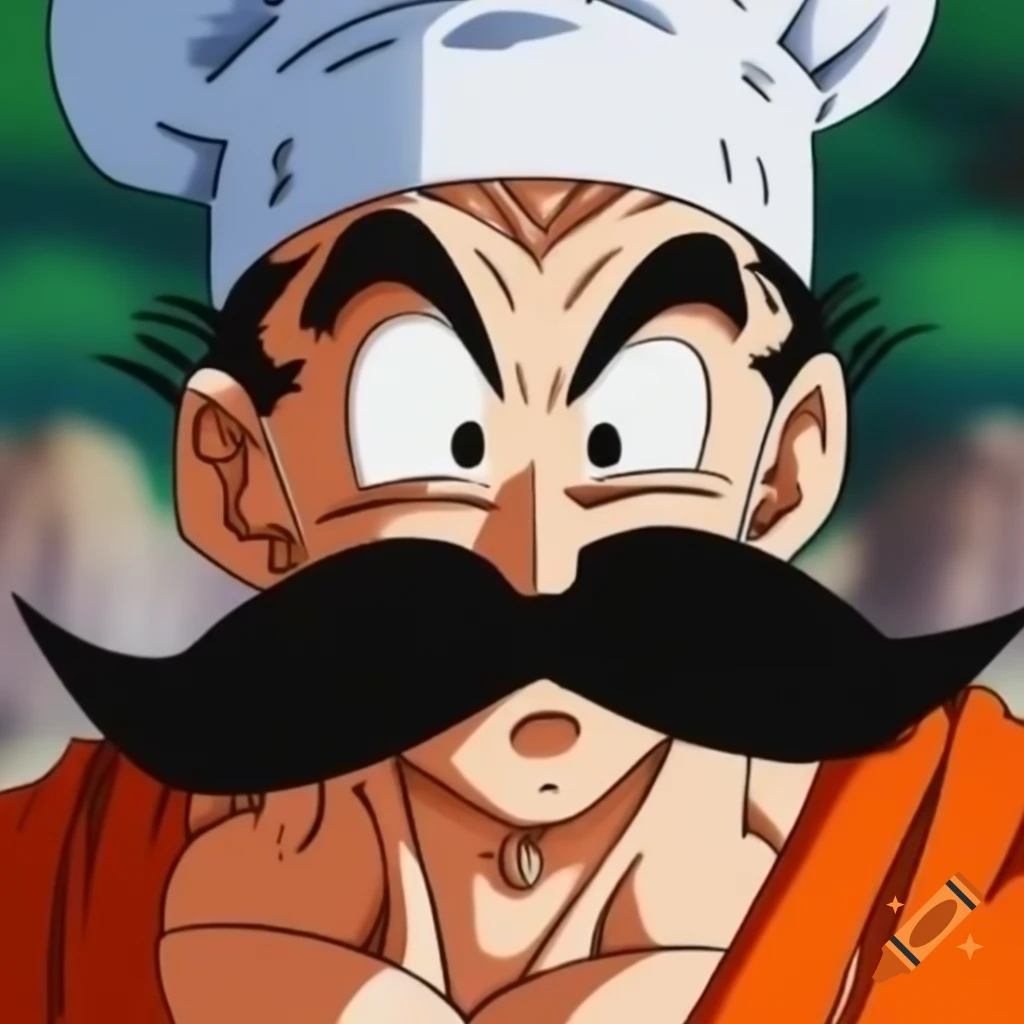 Goku wearing a chef's hat and thick French mustache