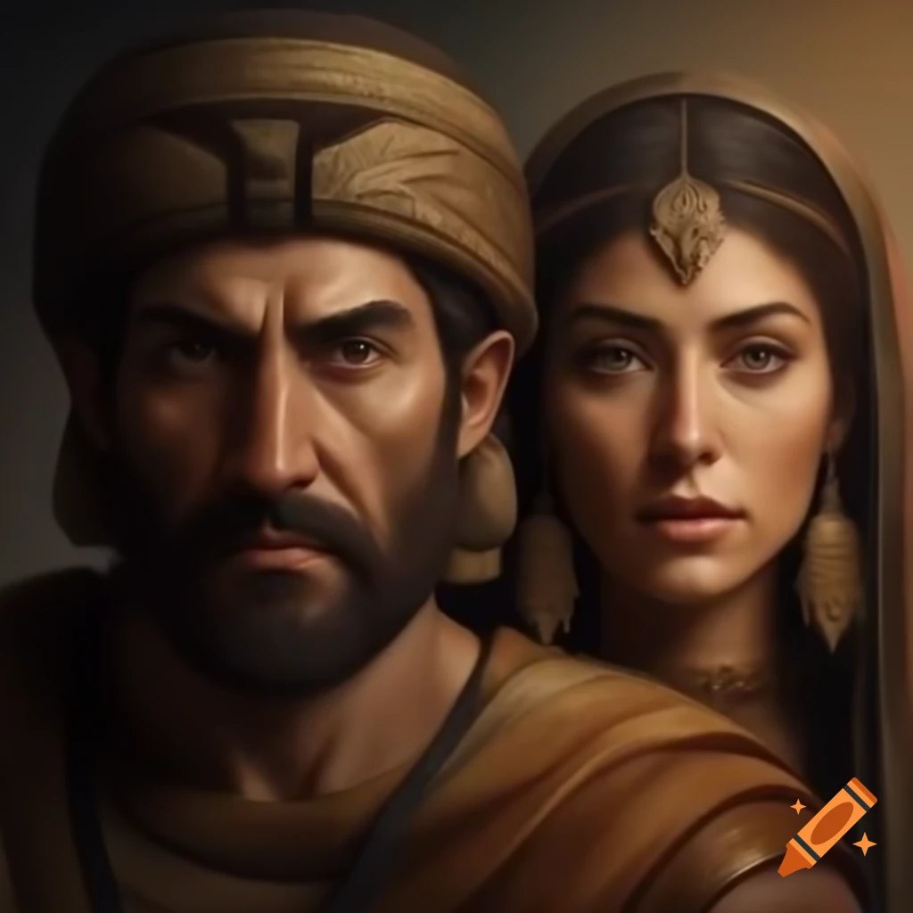 Realistic portrait of a stern ancient Mesopotamian man and his kindly wife