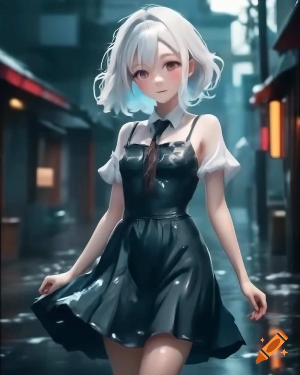 Anime woman with white hair in dress on a rainy day