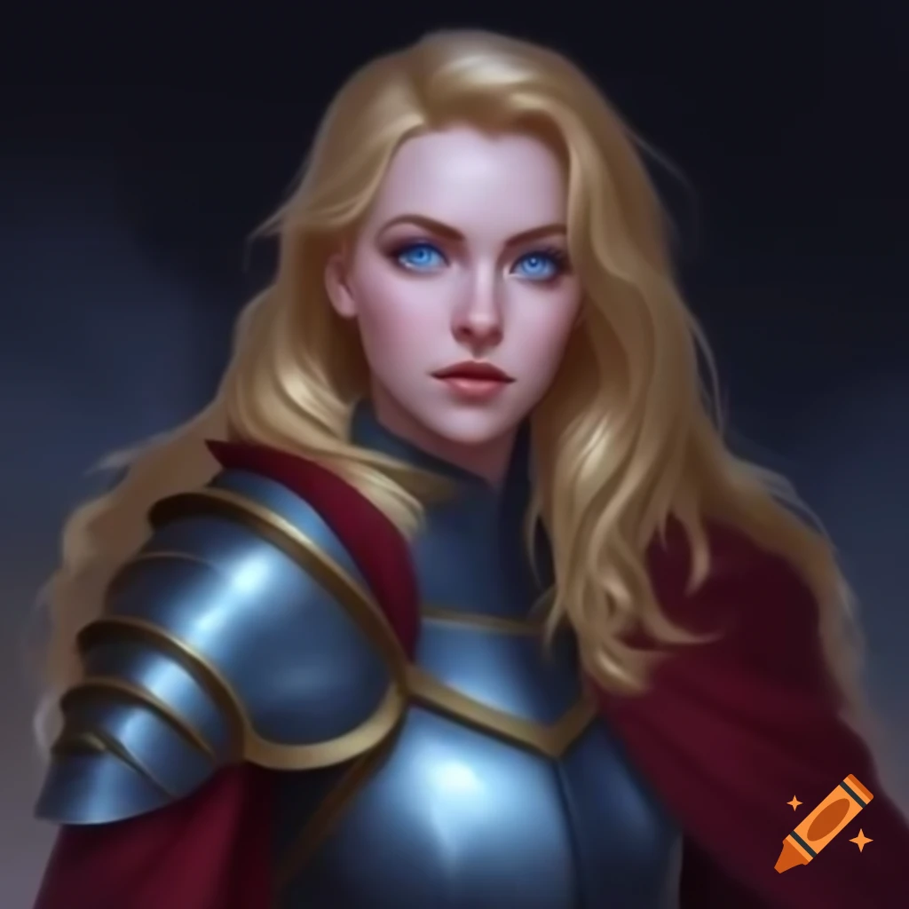 Noble female general with blonde hair and blue eyes in plate armor and cape