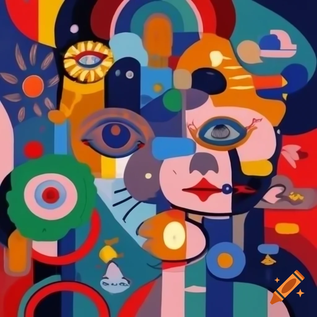 Kawaii painting blending cubism, surrealism, futurism, expressionism, and impressionism