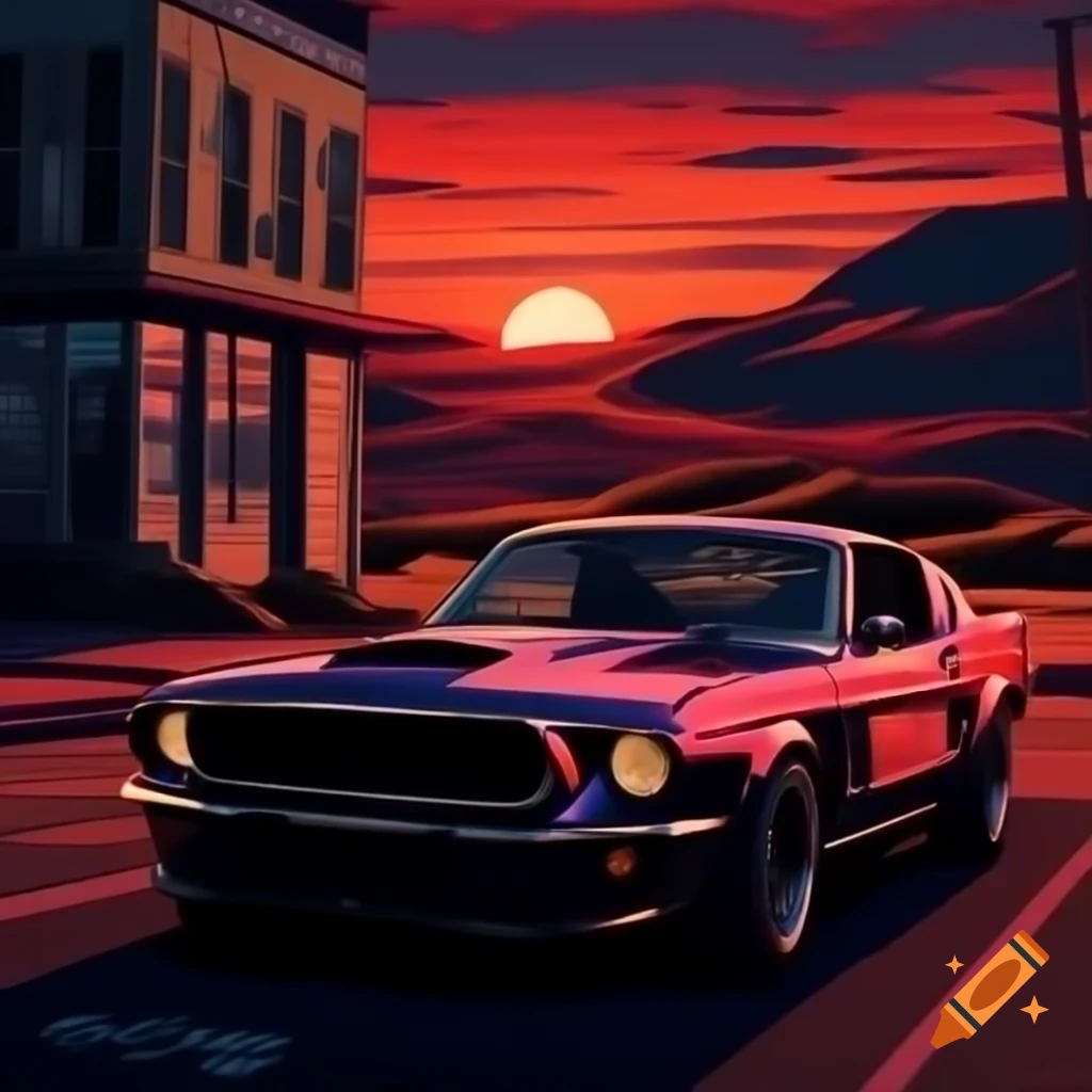 Sunset over horizon with Foxbody Mustang parked in foreground, song cover art