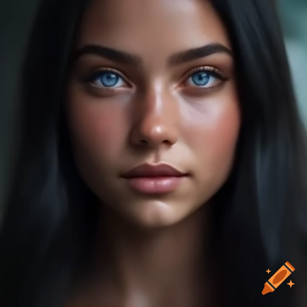 Detailed full body portrait of a young woman with long black hair and blue eyes