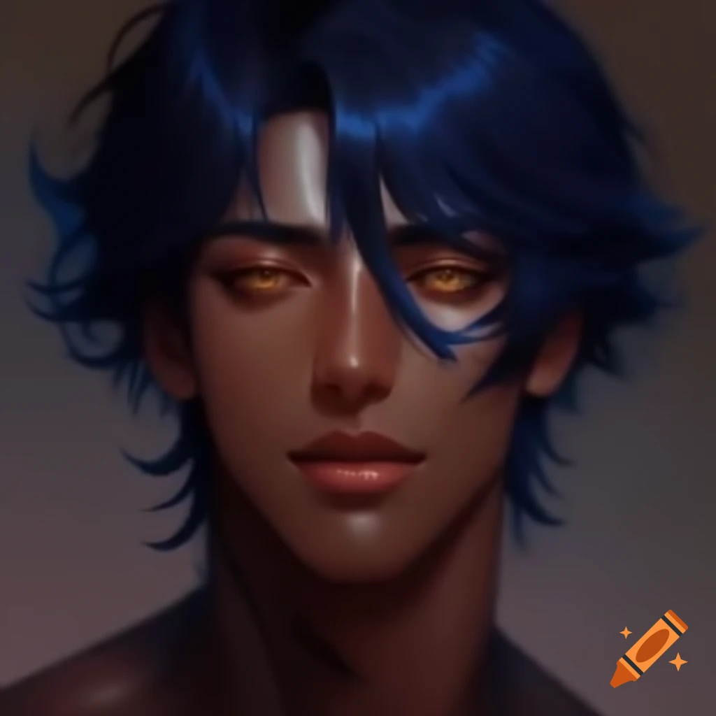 Anime portrait of man with dark brown skin, navy blue hair, and golden eyes
