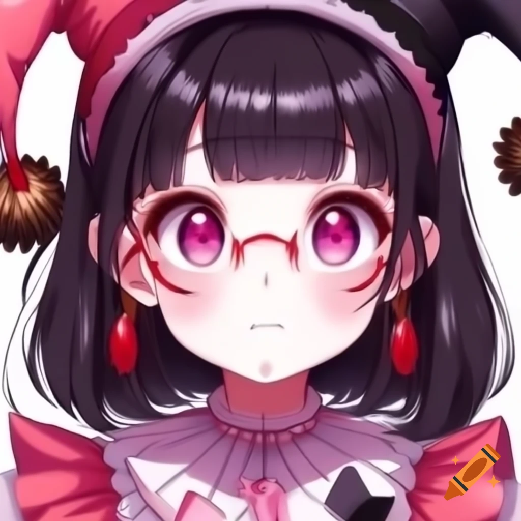 Close-up of cute anime girl with facial piercing and jester theme