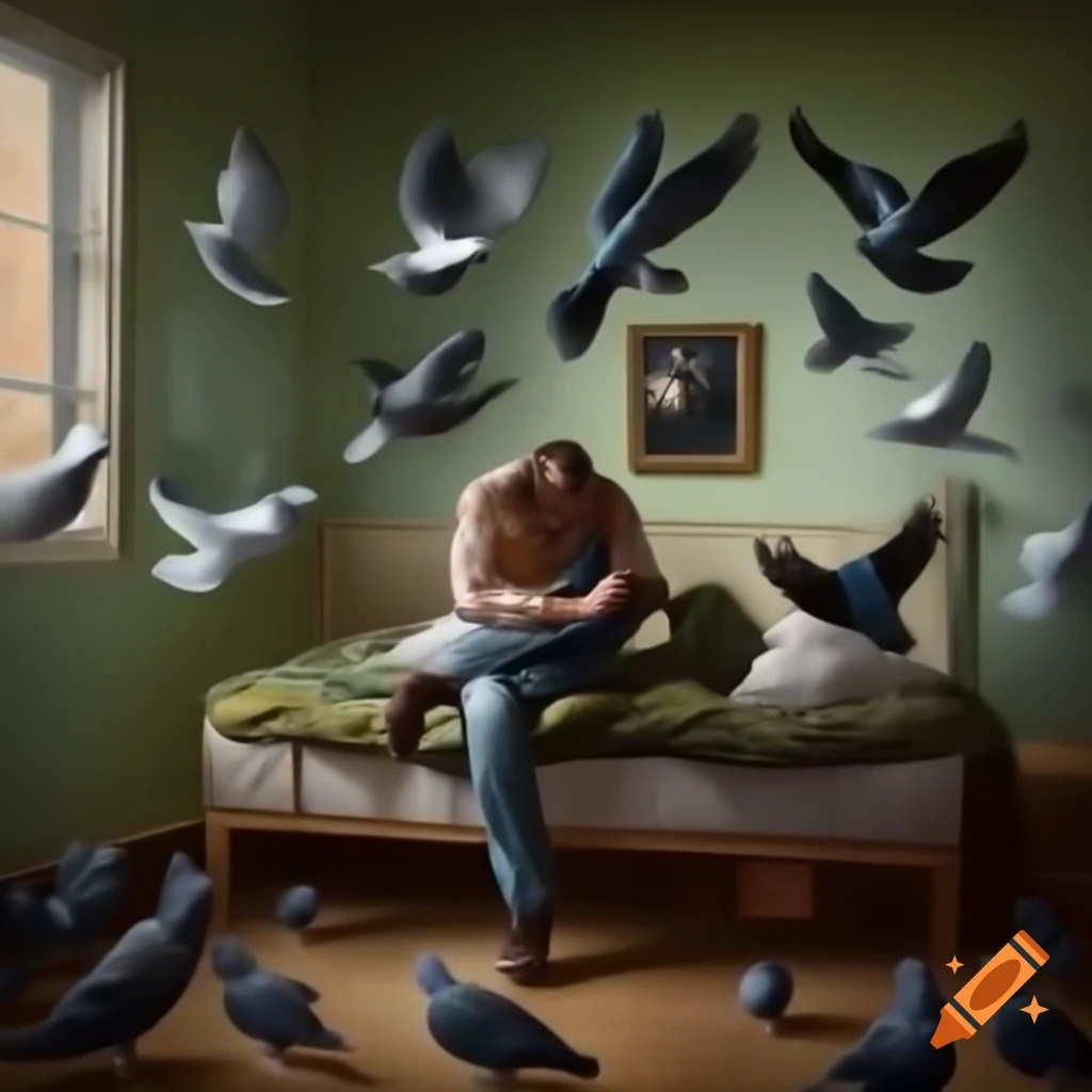 Room filled with pigeons creating a chaotic scene