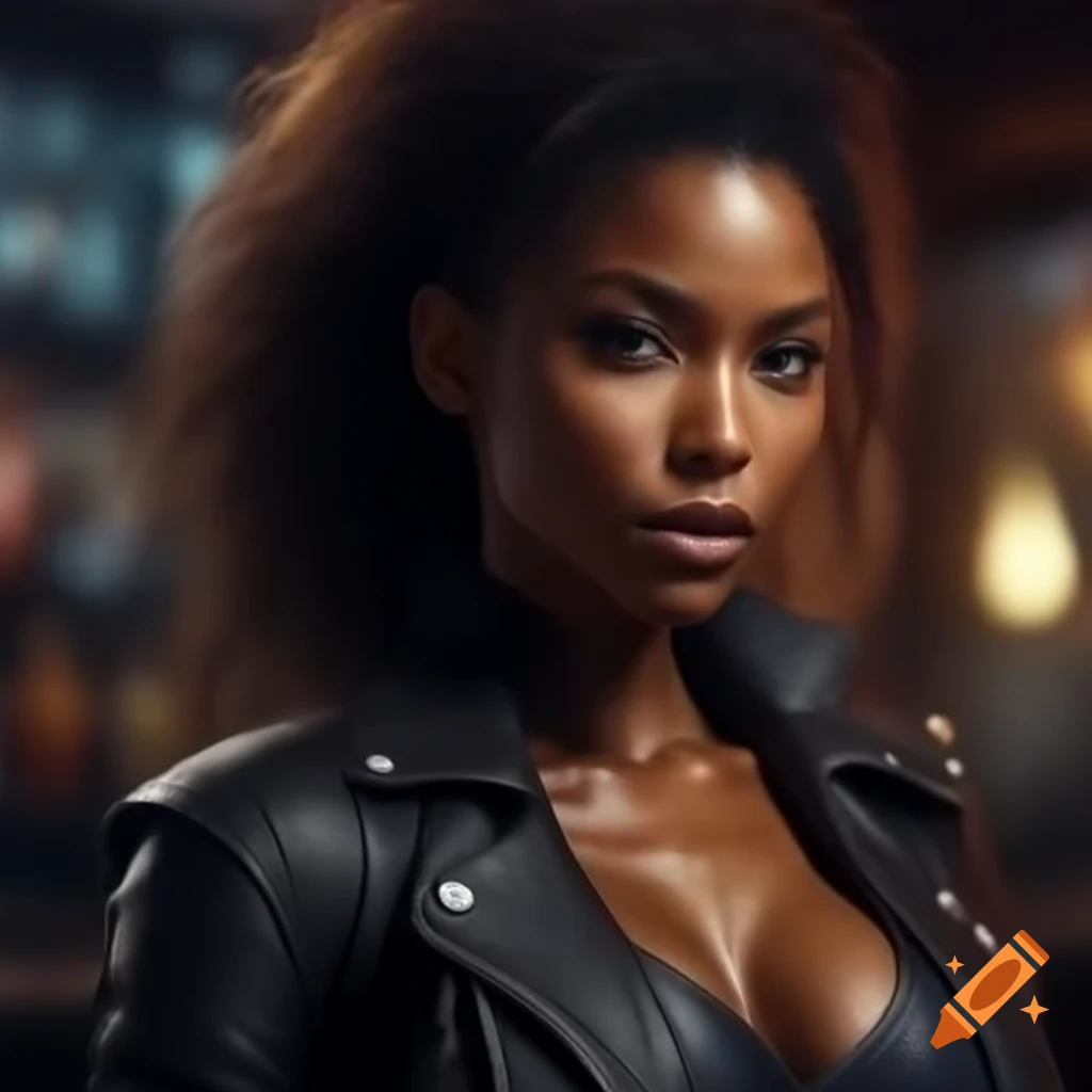 Biker woman wearing leather jacket inside a bar