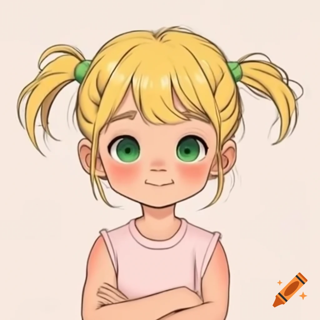 Anime girl with blonde hair and green eyes in light pink sleeveless shirt