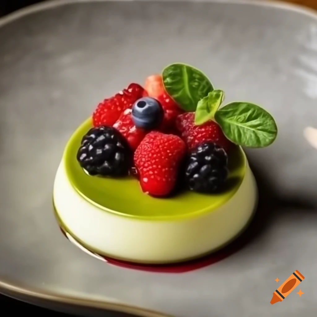 Silky matcha panna cotta with red bean compote, fresh berries, and mint on black background