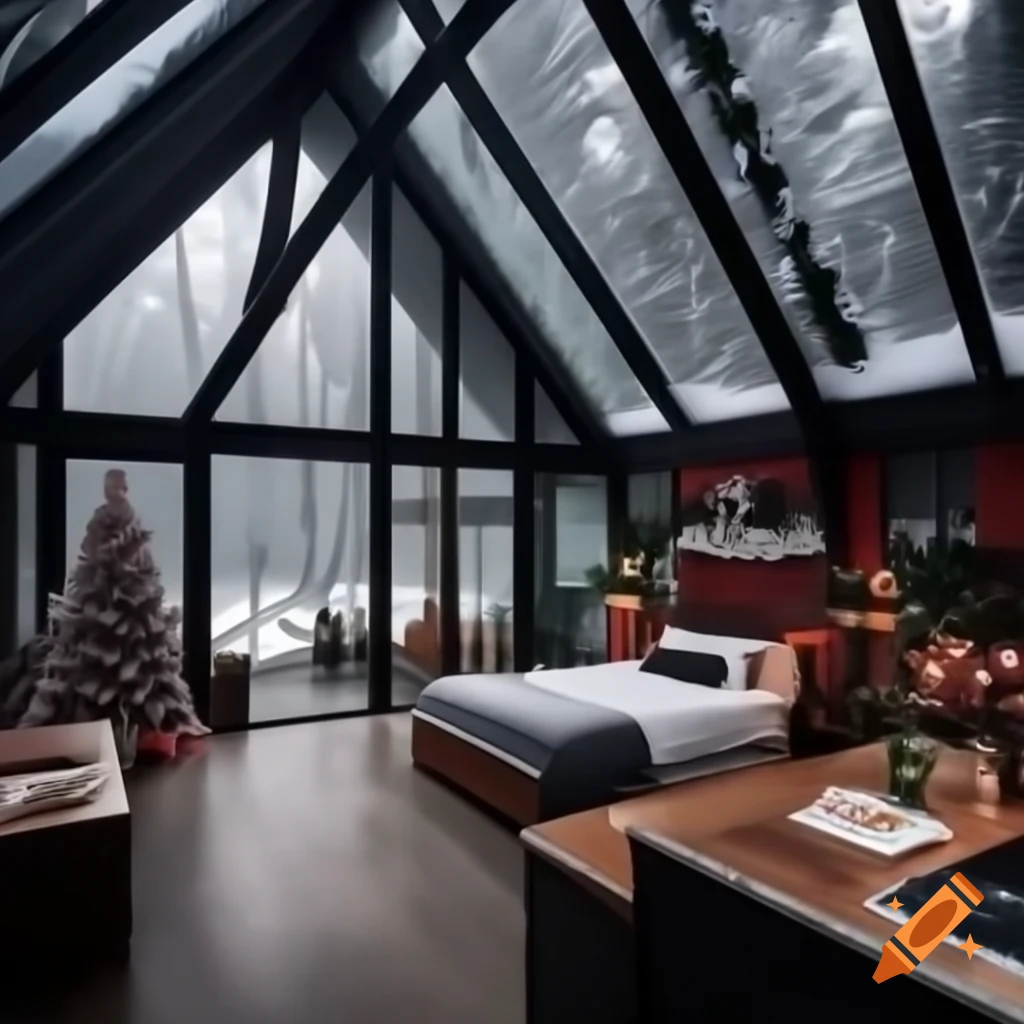 Cozy forest house interior with Christmas decorations and big windows