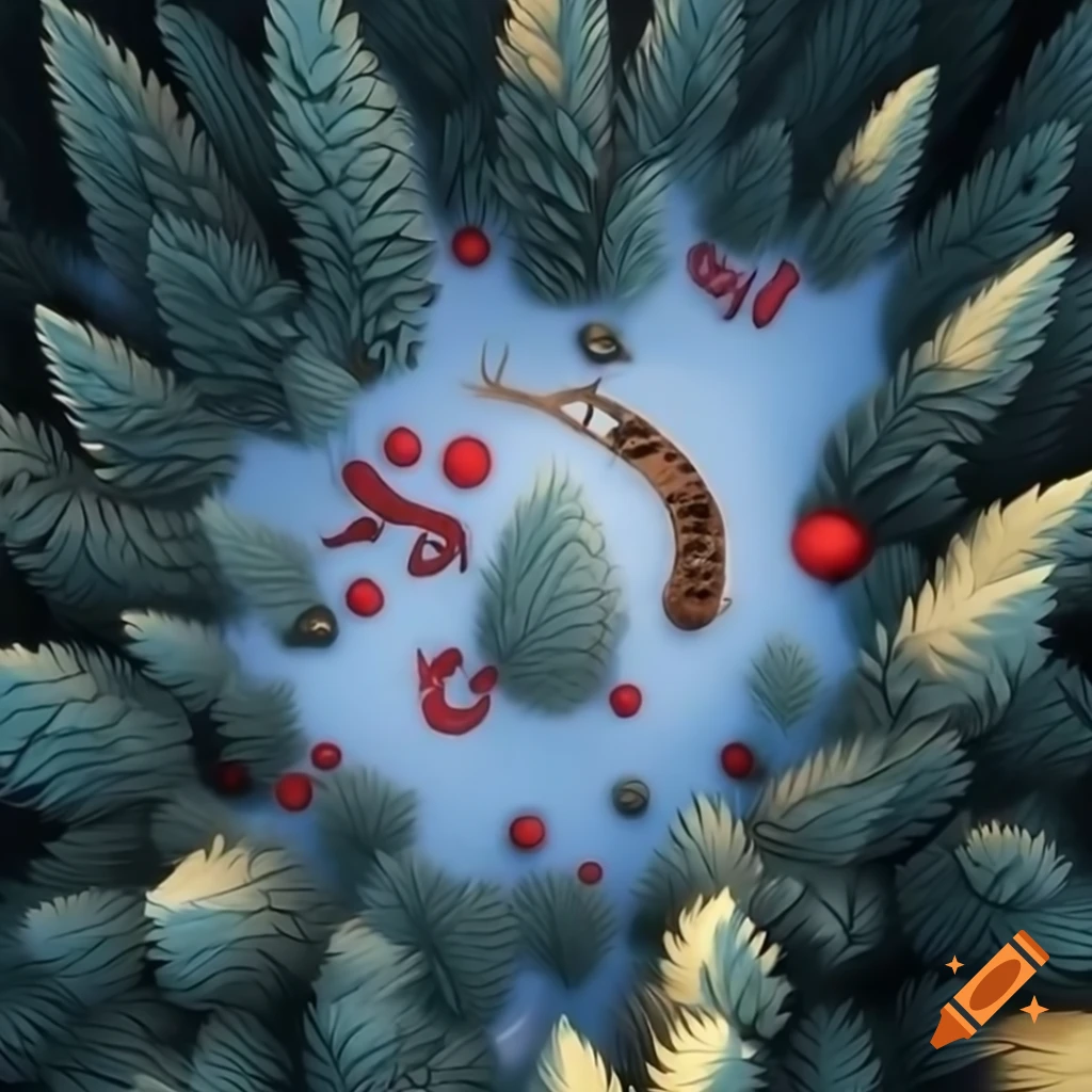 3D illustration of Christmas forest scene with Native Salish and Russian fairytale motifs