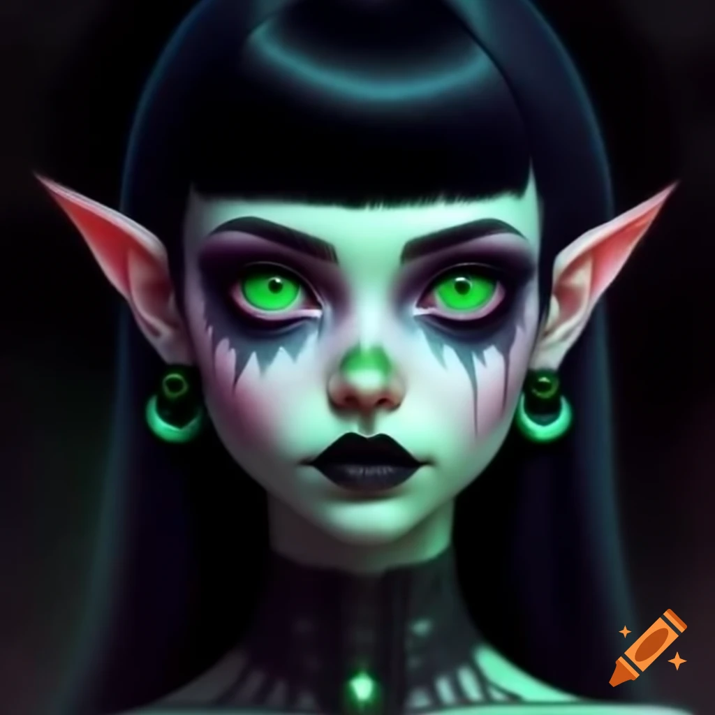 Goth woman with green skin and black hair featuring two white streaks, adorned with piercings, and pink eyes