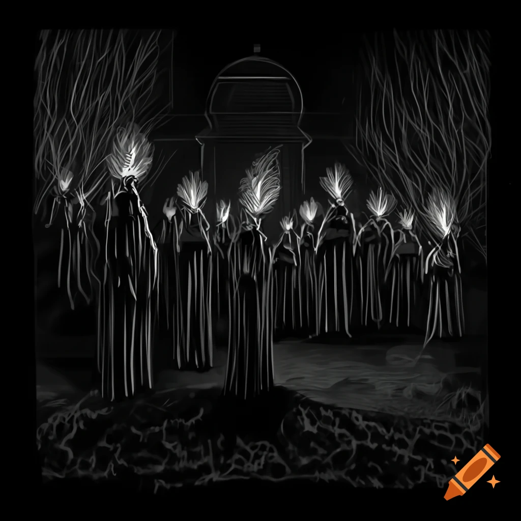 Detailed ink drawing of cultists illuminated by torches at night