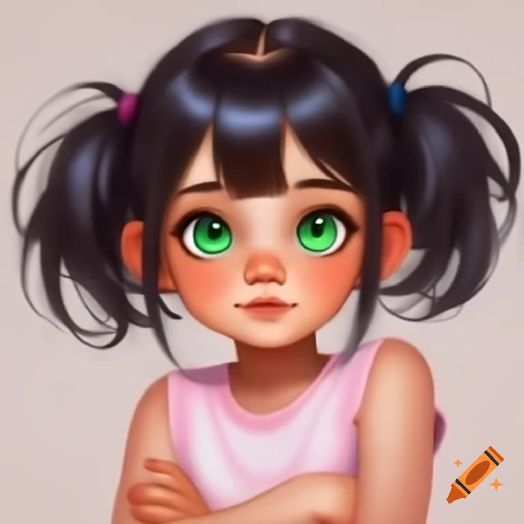 Anime girl with blonde hair and dark green eyes, arms crossed in pink t-shirt