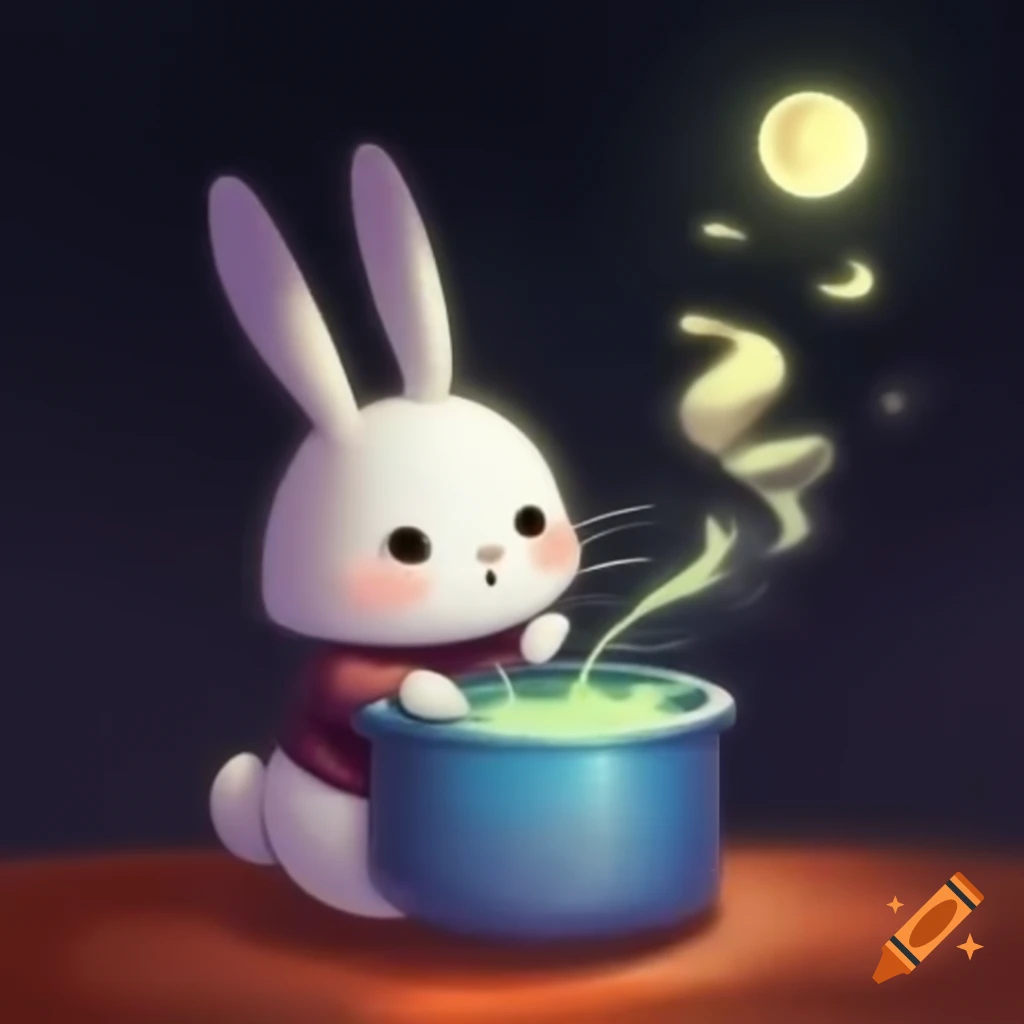 Ethereal rabbit mixing potions with the moon in the background