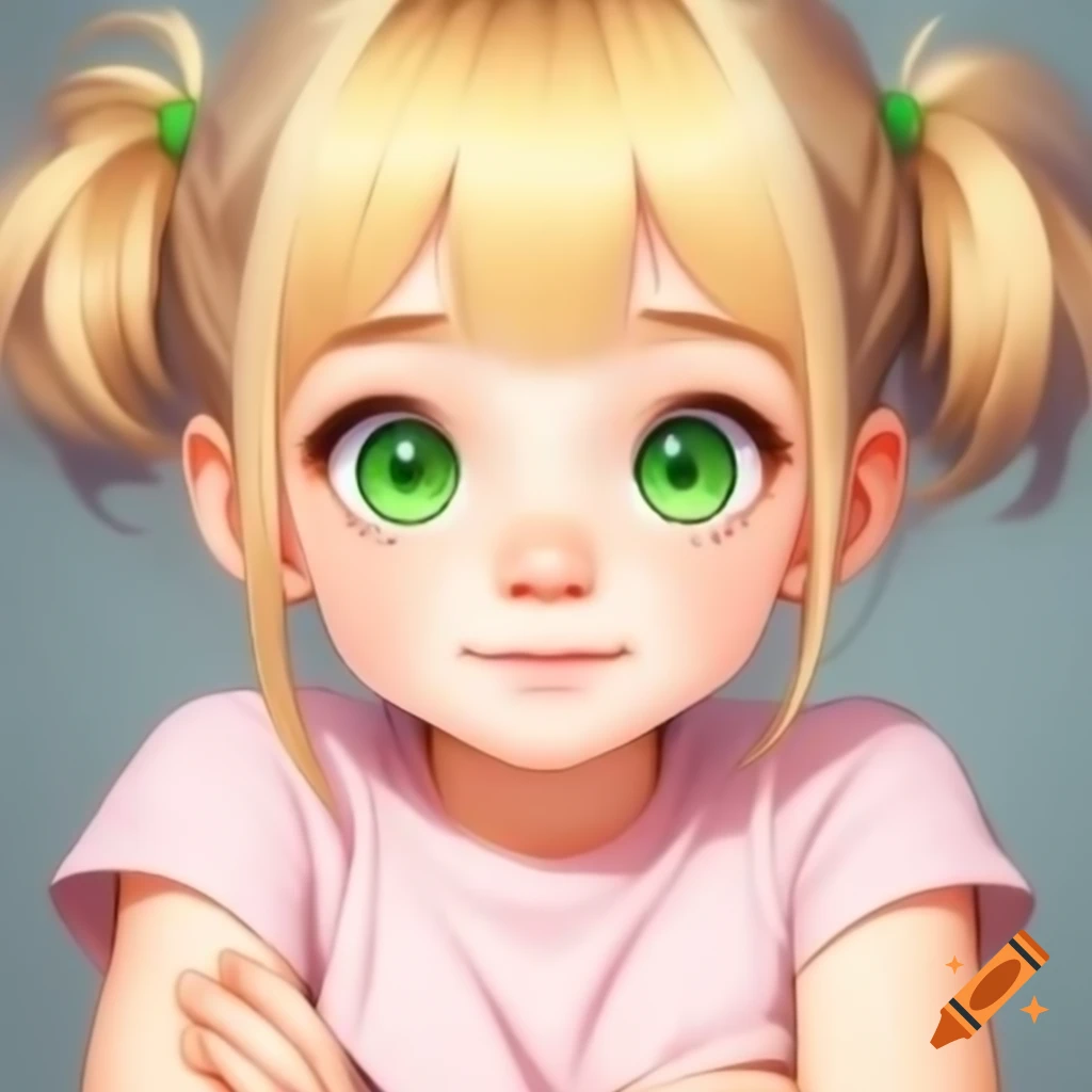 Anime girl with blonde hair and green eyes in light pink sleeveless shirt