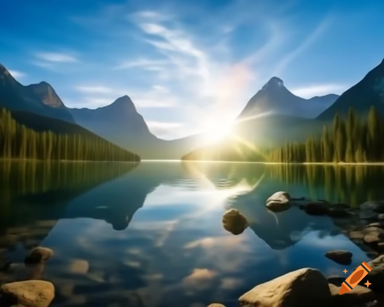 Majestic mountains with tranquil crystal lake in foreground
