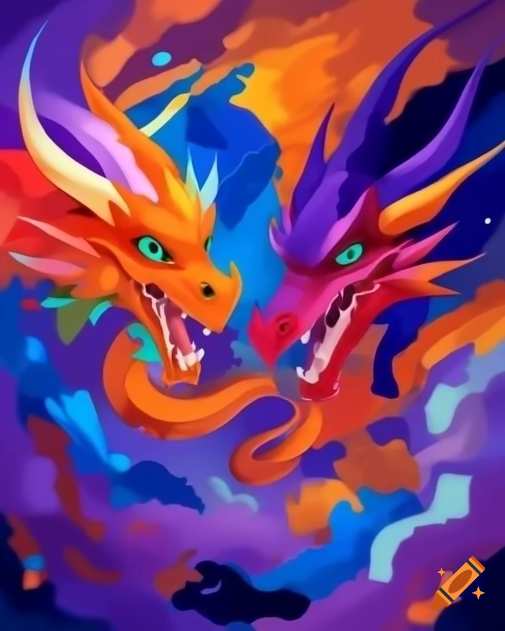 Colorful abstract painting featuring dragons