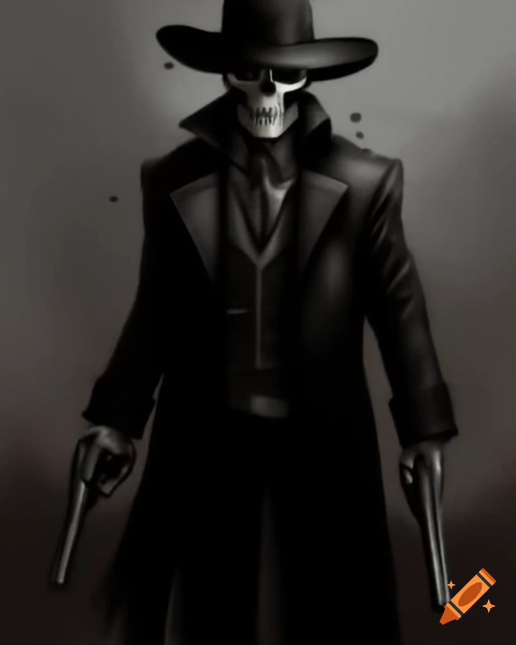 Silhouette of a gunfighter legend skull in cowboy hat and overcoat with pistol drawn, fantasy style