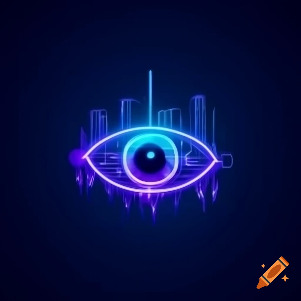 Glowing neon cracked eye symbol in electric blue and violet with circuitry details