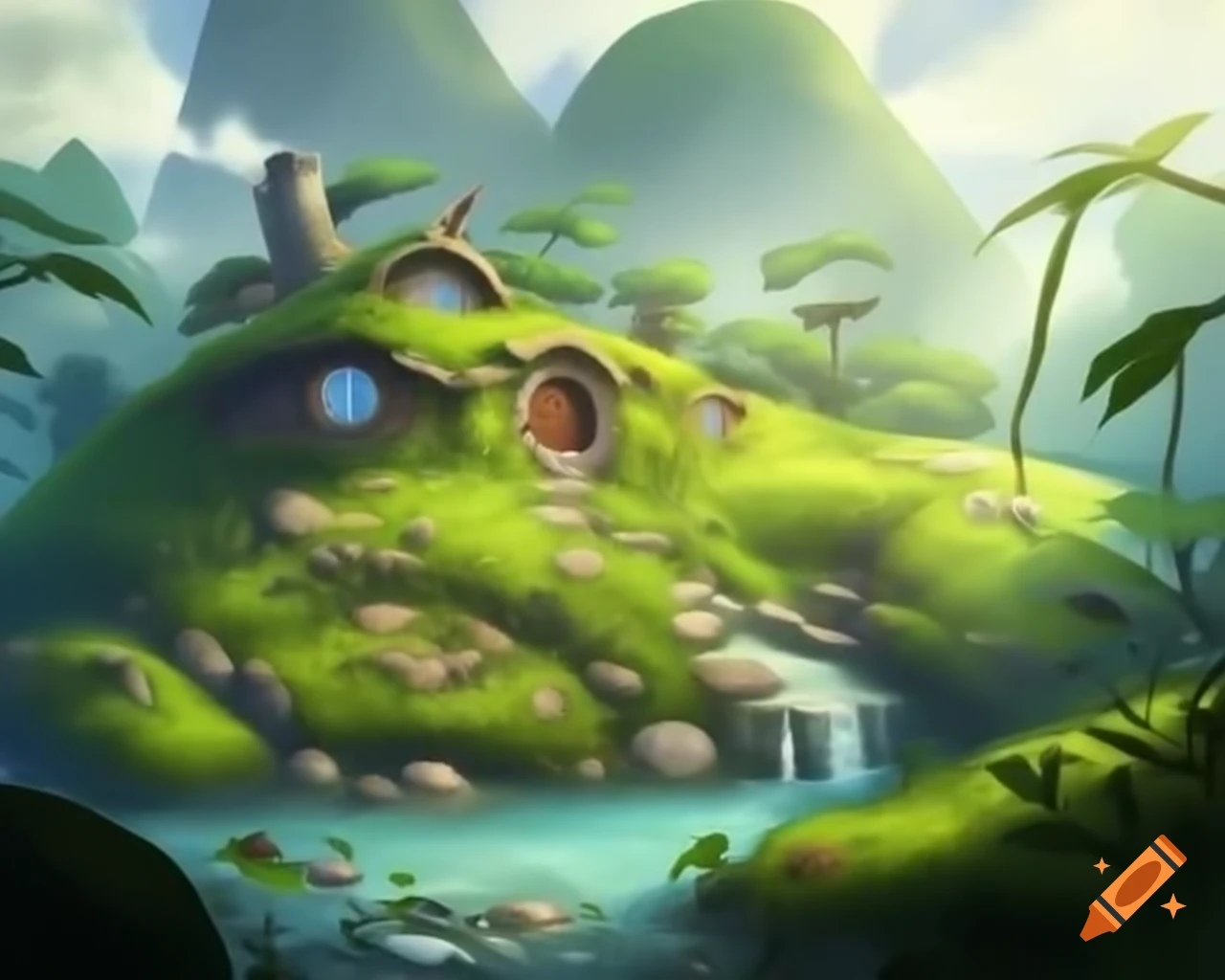 Hobbit house covered in grass and moss beside a crystal clear river