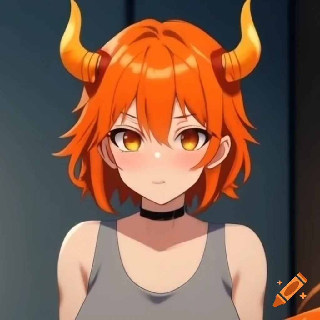 Anime girl with orange hair and demon horns in grey crop top and jeans