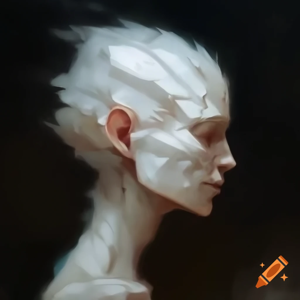Abstract oil painting of aged parasite creature with dark hair and wrinkles